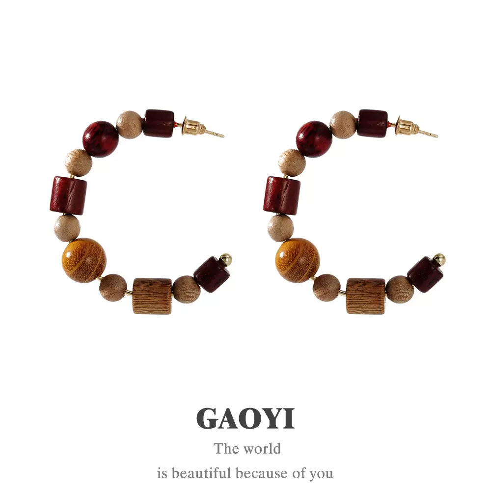 银针C形人造木珠款耳环民族风个性简约耳环复古轻奢高级感耳饰女