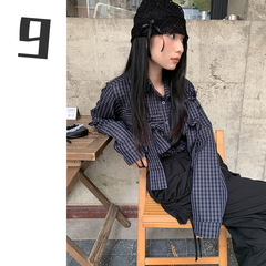 [9hour] 個性的な蝶結びのシャツの女性2024秋の創意的な格子の長袖の上着の女性m11135