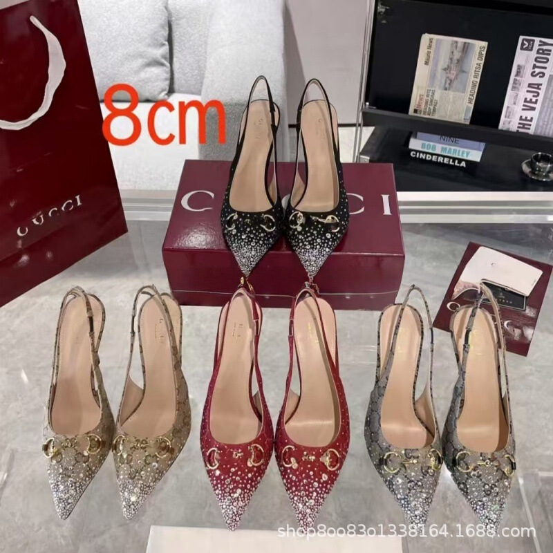 European and American Fashion High Heels 2025 New Model Double g Fabric Pointed Toe High-Heeled Sandals with Rhinestone Letters, Casual and Stylish, Cross-Border European and American Fashion High Heels 2025 New Model Double g Fabric Pointed Toe High-Heeled Sandals with Rhinestone Letters, Casual and Stylish, Cross-Border