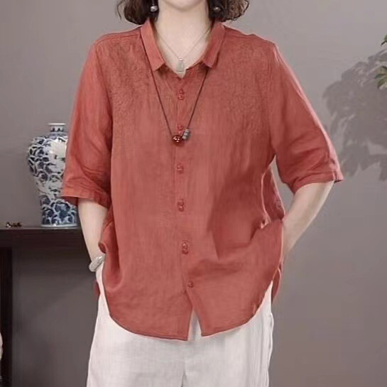 High-end Ramie Fashion Polo Shirt Women's 2024 Summer Mother's Western Style Thin Linen Top Cotton Linen Small Shirt High-end Ramie Fashion Polo Shirt Women's 2024 Summer Mother's Western Style Thin Linen Top Cotton Linen Small Shirt