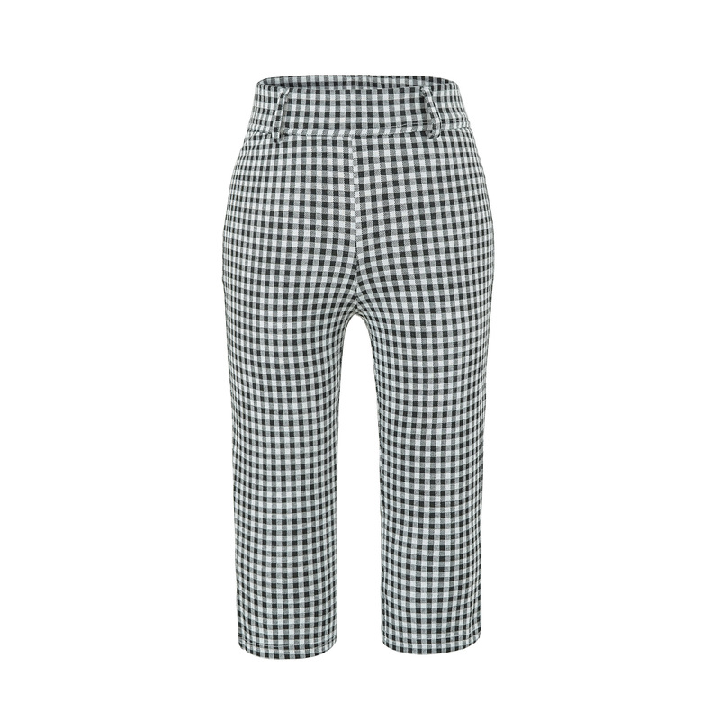 Trendy women's slim-fit black and white plaid capri pants with side slits and a flattering fit Trendy women's slim-fit black and white plaid capri pants with side slits and a flattering fit