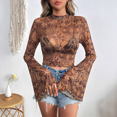European and American cross-border Amazon ins 2025 spring and summer new women's mesh printed round neck flared sleeve long sleeve T-shirt