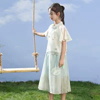 Костюм для девочек Hanfu Summer новый китайский стиль детской одежды Cheongsam новый китайский стиль Tang топ детское платье с конским лицом