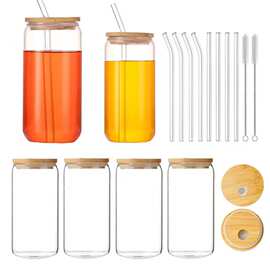 高硼硅玻璃杯竹盖单层果汁杯带吸管透明玻璃可乐杯大容量单层杯