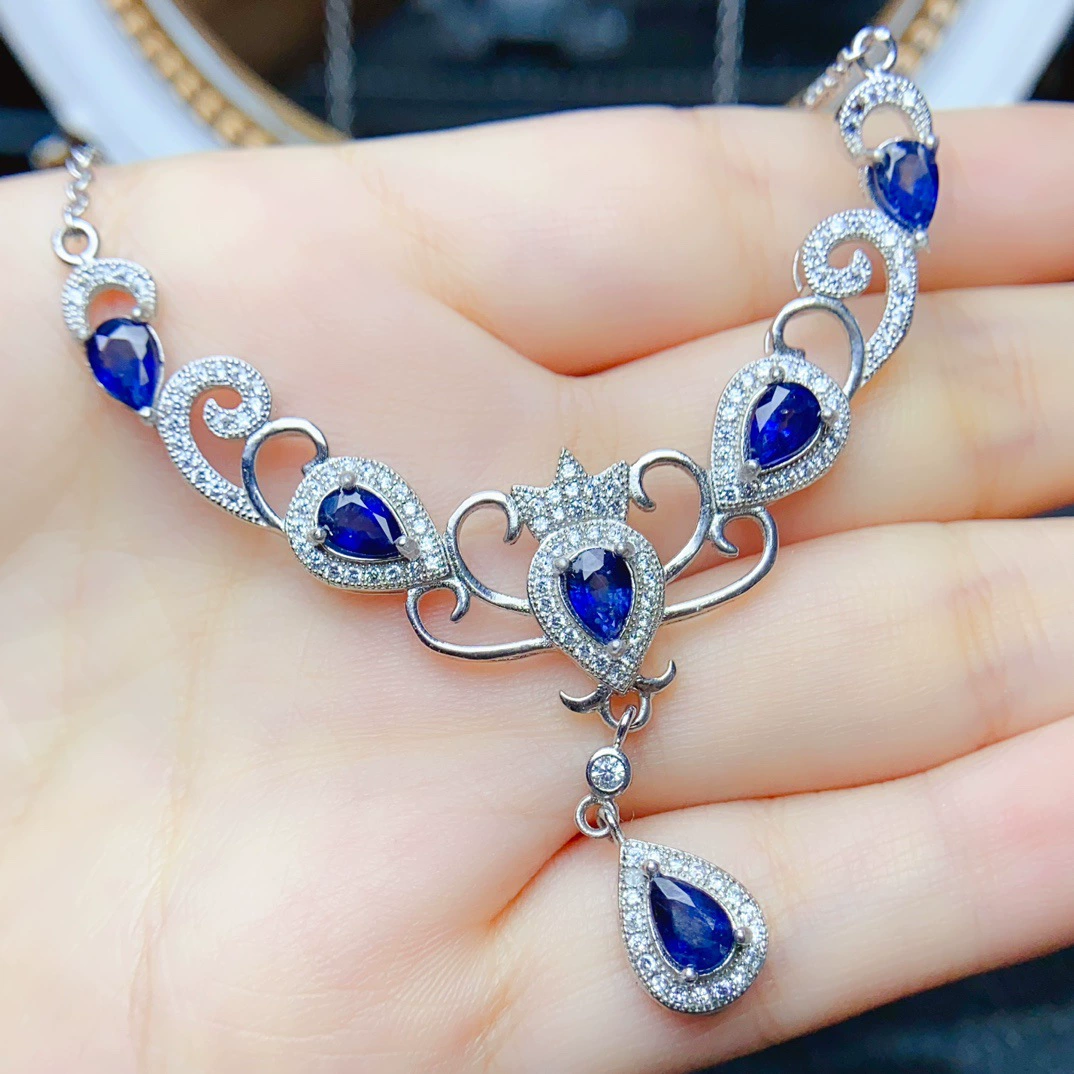Заводская оптовая продажа натурального сапфирового ожерелья S925 Серебряная инкрустация основного камня 3*4 Горячие продажи в Европе и Америке