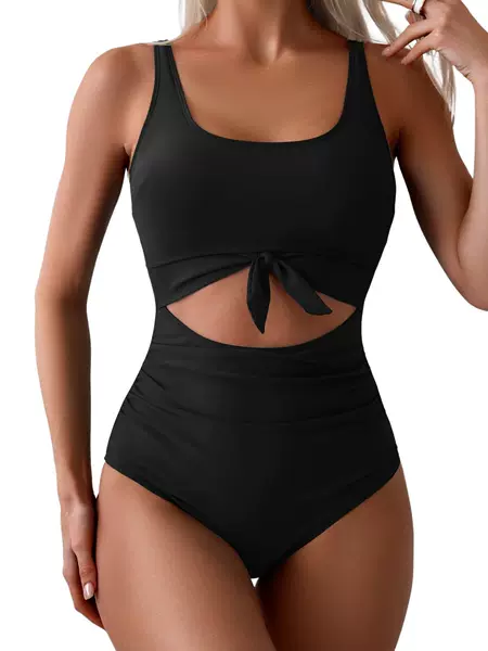 2026 European and American Amazon Women's One-Piece Swimsuit Tummy Control Slimming Swimsuit Hollow Lace-Up Swimsuit