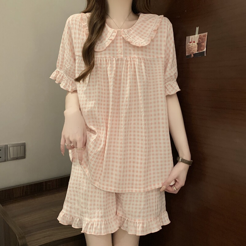 Korean Style Plaid Pajamas Women's Summer Princess Style Lace Doll Collar Short Sleeve Shorts Sweet Ins Girl's Home Clothes Korean Style Plaid Pajamas Women's Summer Princess Style Lace Doll Collar Short Sleeve Shorts Sweet Ins Girl's Home Clothes