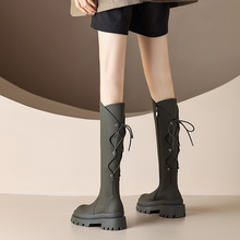不挑腿型~复古牛皮小个子厚底绑带长筒靴子女加绒骑士靴2023新款