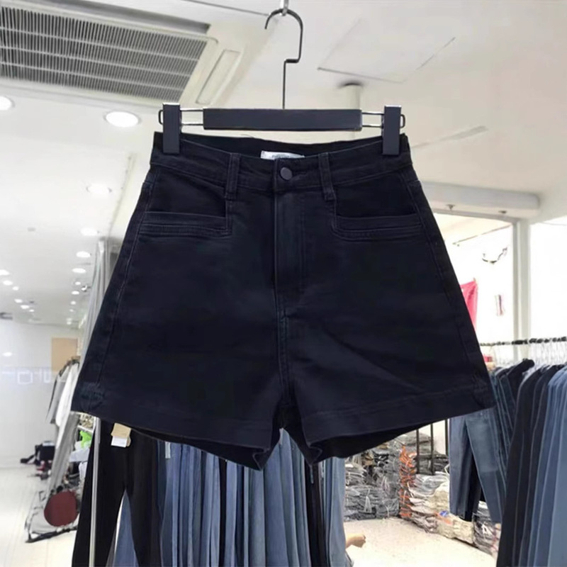 Summer Black High-Waisted Denim Shorts for Women Plus Size Fat mm Pear-Shaped Body Elastic Hip-Covering Slimming Look A-Line Pants Hot Pants