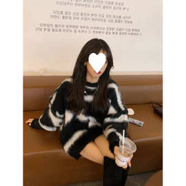 仿水貂绒毛衣女秋冬季设计感日系复古慵懒风条纹针织衫外穿上衣厚