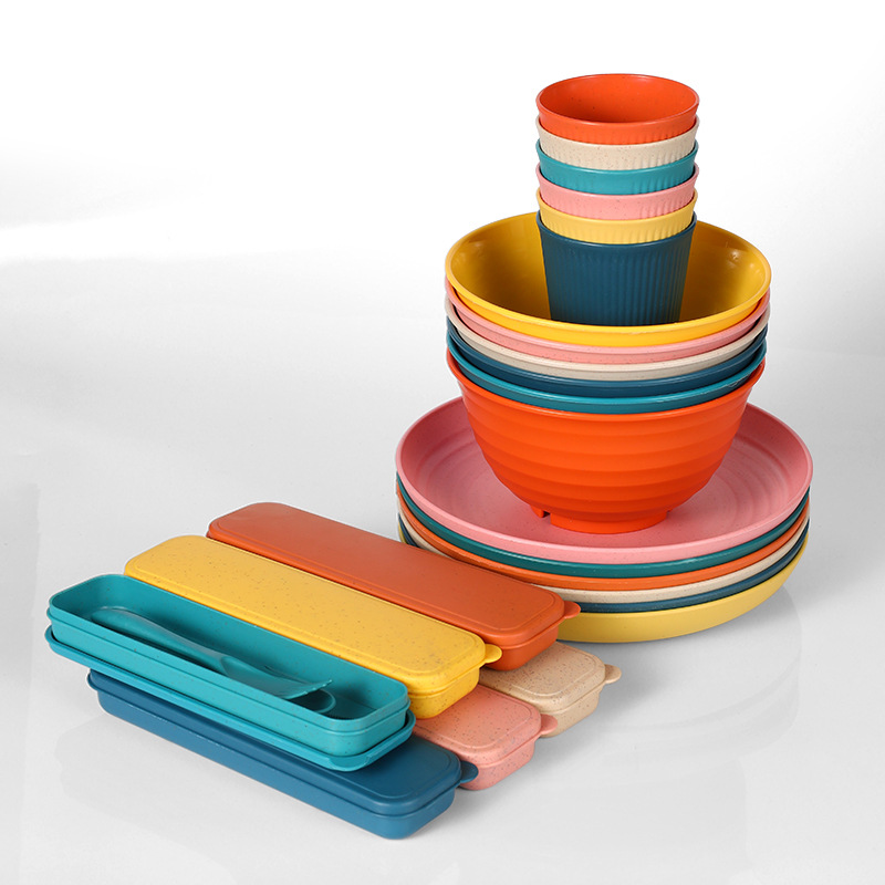 亞馬遜小麥秸稈加厚防摔湯碗餐盤杯餐具刀叉勺筷子6人份餐具套裝