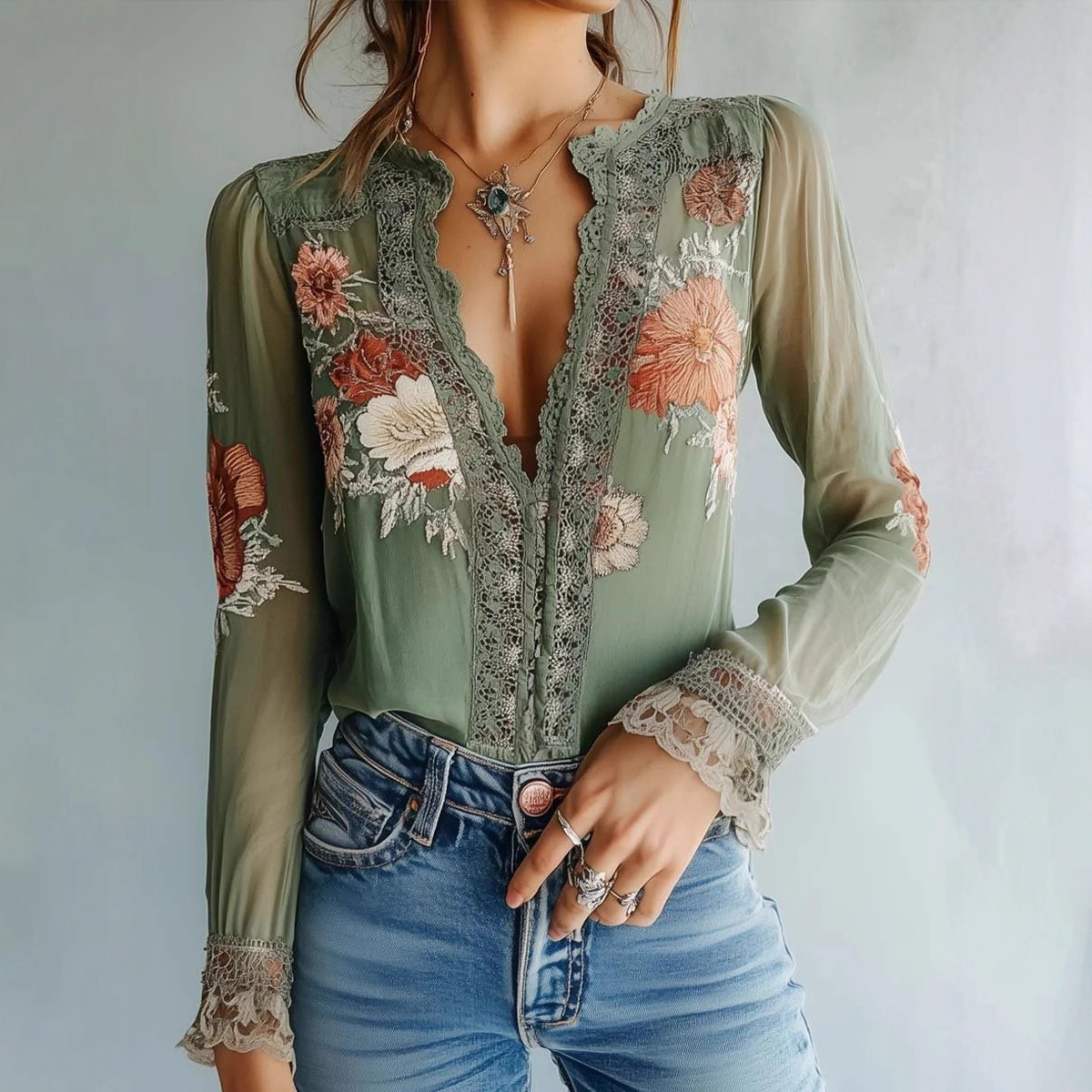 Elegantes Damen-Langarmshirt mit V-Ausschnitt und Print, einfarbig, für Frühling und Herbst. Hochwertiges Luxus-Top für Alltag und Pendeln._voghion.com