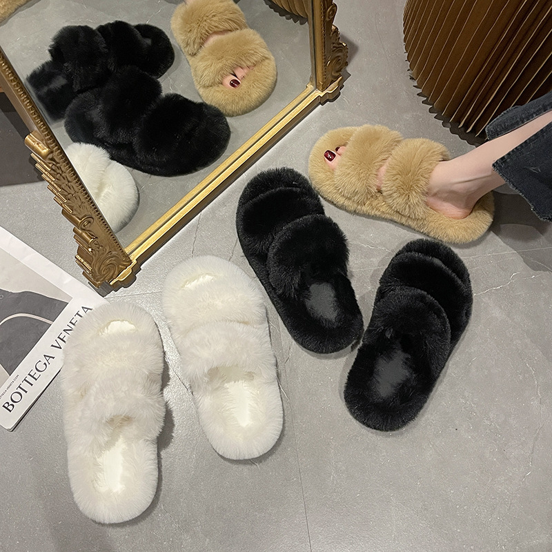 Autumn and winter New Cross furry slippers women's fashion furry home cotton slippers Internet celebrity soft bottom lazy slippers
