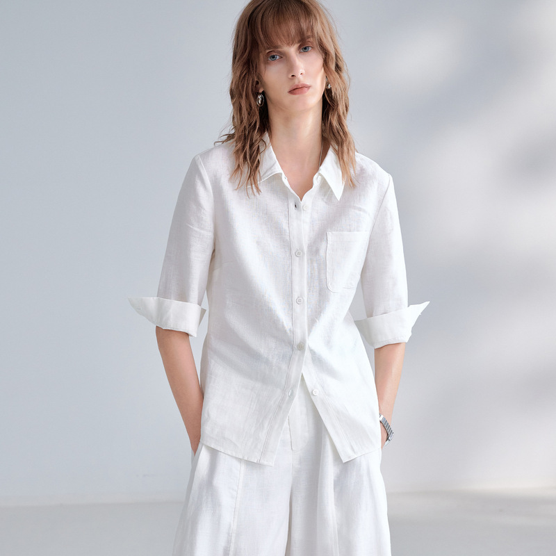 Pure Linen Mid-Sleeve Collared Shirt, Short Style for Women, Spring and Summer Linen Top, Office Old Money Style, Waist-Cinching Commuter Shirt