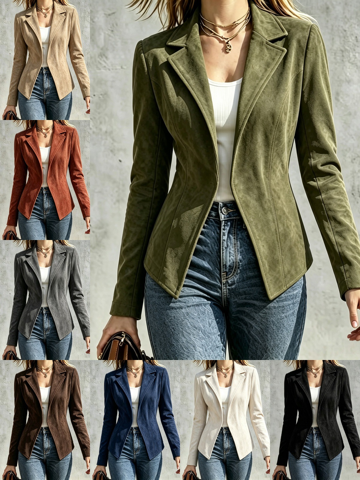 European and American vintage women's jacket, autumn and winter new suede slim-fit lapel collar buttonless long-sleeve top