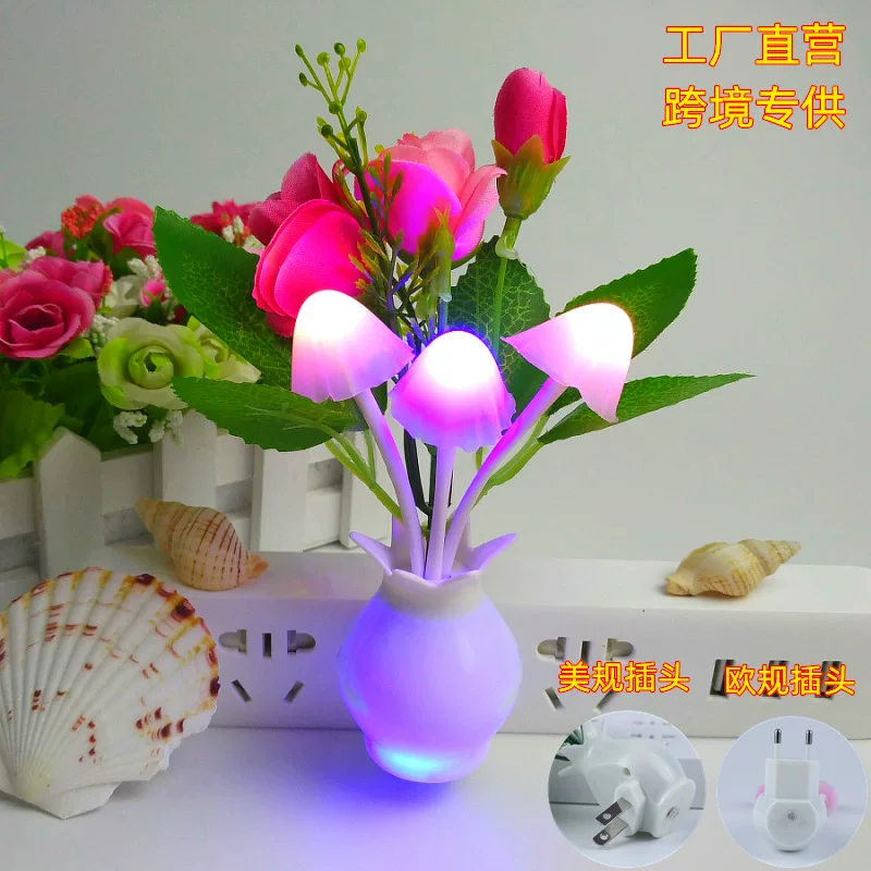 Mushroom LED lamp, 4‑LED, light‑control sensor, colorful rose base, 0.5 W, EU/US options