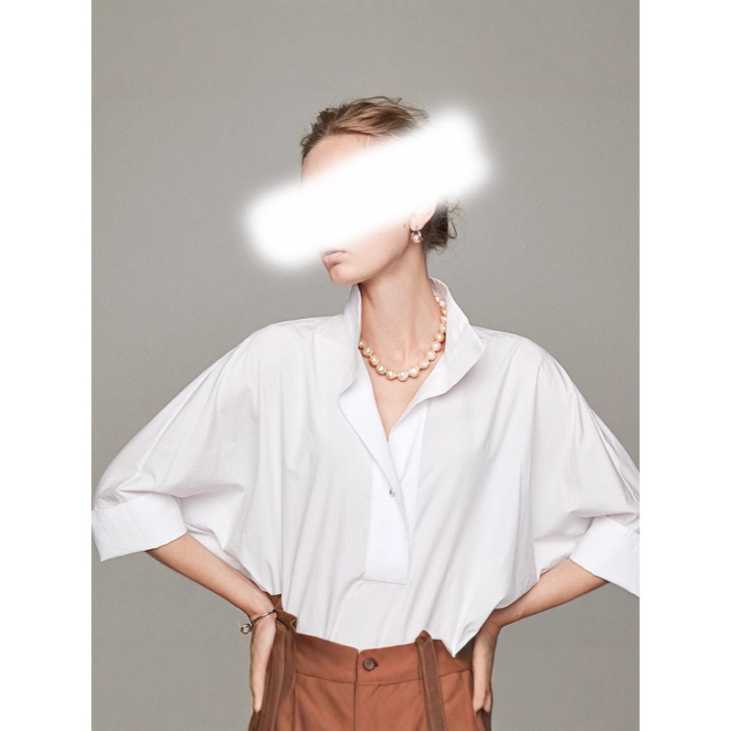 White Shirt Women's Casual Versatile V Neck Work Clothing Shirt Tencel Cotton Breathable Three-Quarter Sleeve Short-Sleeved Elegant Top