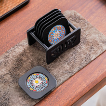 中式珐琅彩四方茶杯托家用方形茶桌防滑隔热垫六个收纳装高档杯垫