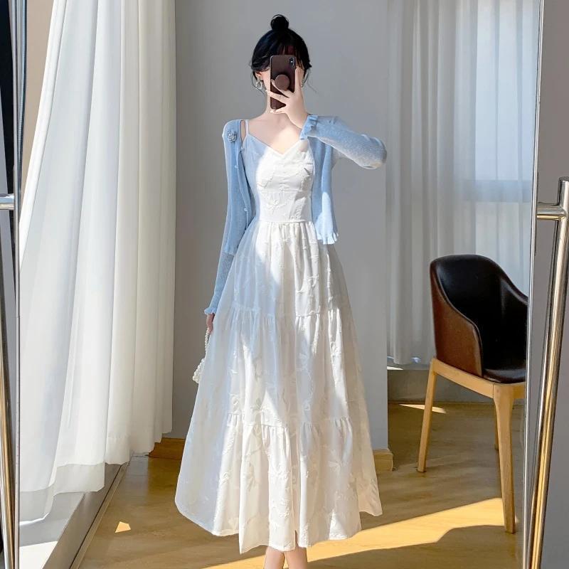 French Fashion Suspender Dress 2026 Summer New Style Elegant Waist-Slimming Sun Protection Cardigan Two-Piece Set for Women