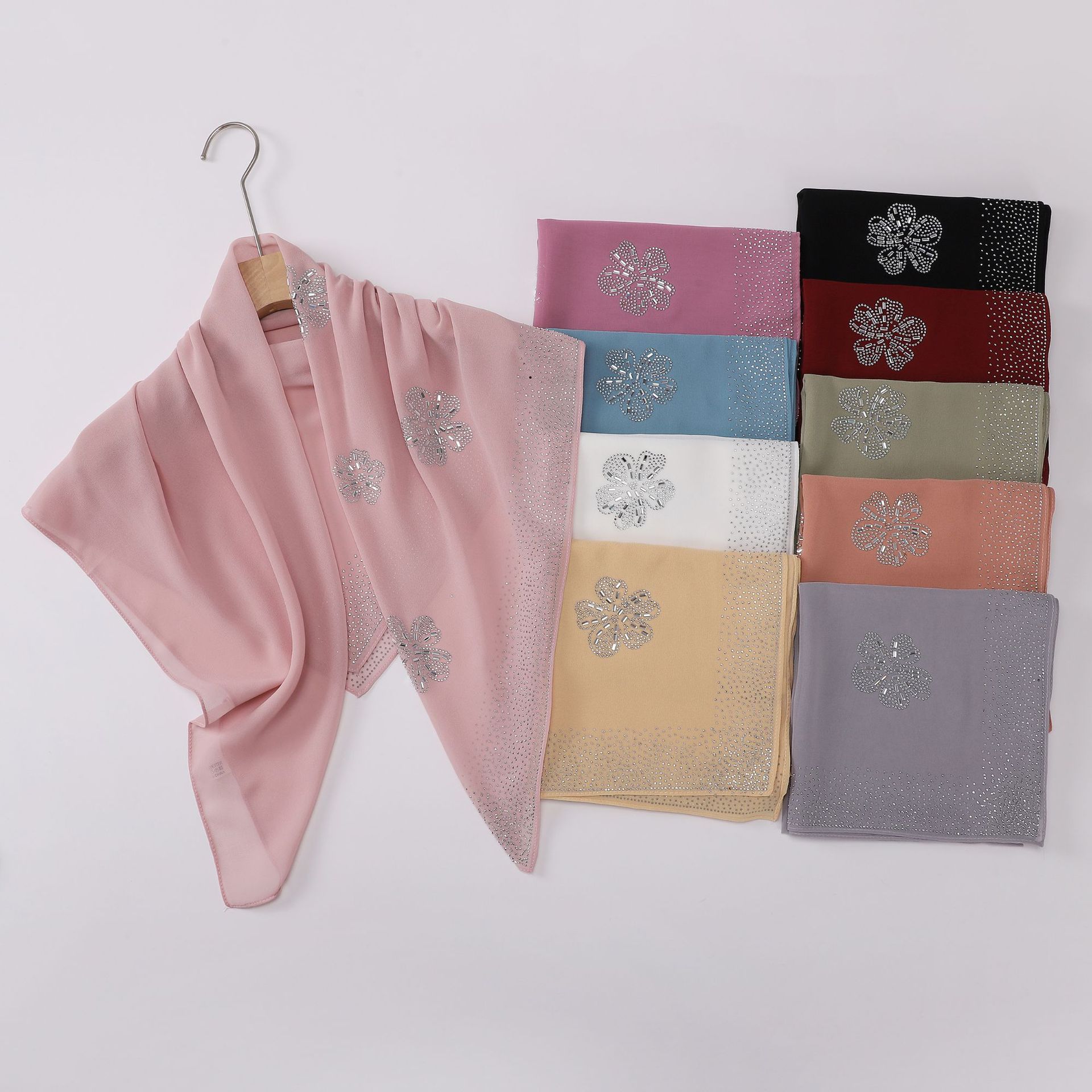 Live Streaming Direct Sales of New Floral Glass Rhinestone Pearl Chiffon Square Scarf Ethnic Gauze Scarf Malay Headscarf 90*90cm