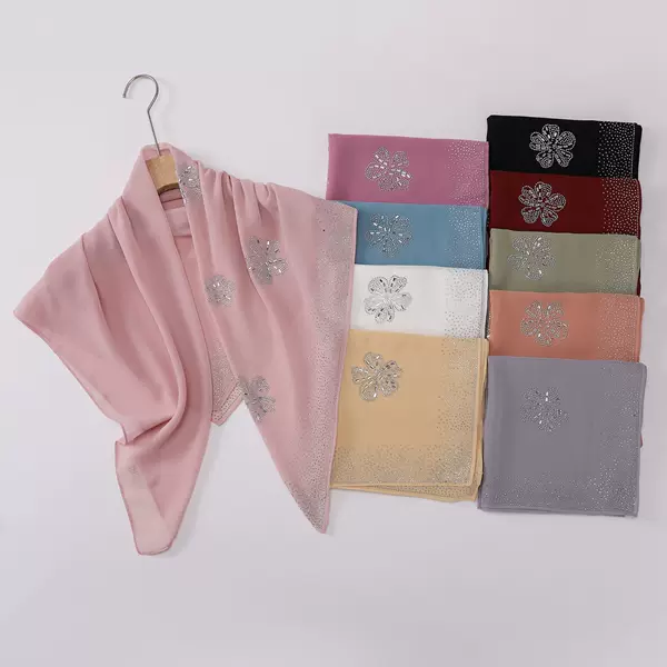 Live Streaming Direct Sales of New Floral Glass Rhinestone Pearl Chiffon Square Scarf Ethnic Gauze Scarf Malay Headscarf 90*90cm