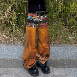 美式ac风格25SS明星同款弯刀3D印花多腰带破洞错觉长裤牛仔裤子