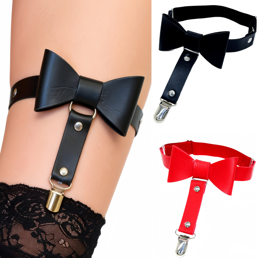 Eco-Friendly Pu Leather Fashion Punk Rock Sexy Bowknot Garter Belt Street Dance Nightclub Leg Ring Ankle Ring Anti-Slip Sock Clip