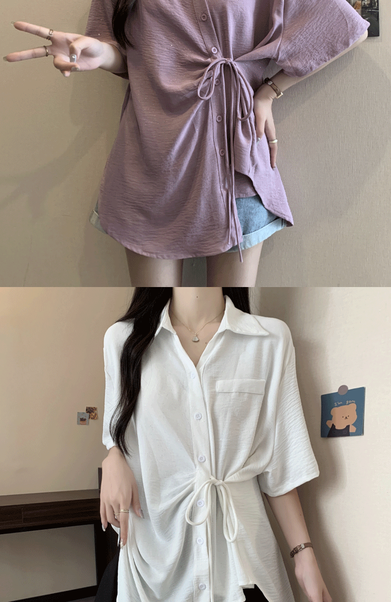 Áo sơ mi nữ tay ngắn thiết kế dây buộc không đều dáng rộng mùa hè — Màu đen chi tiết 11