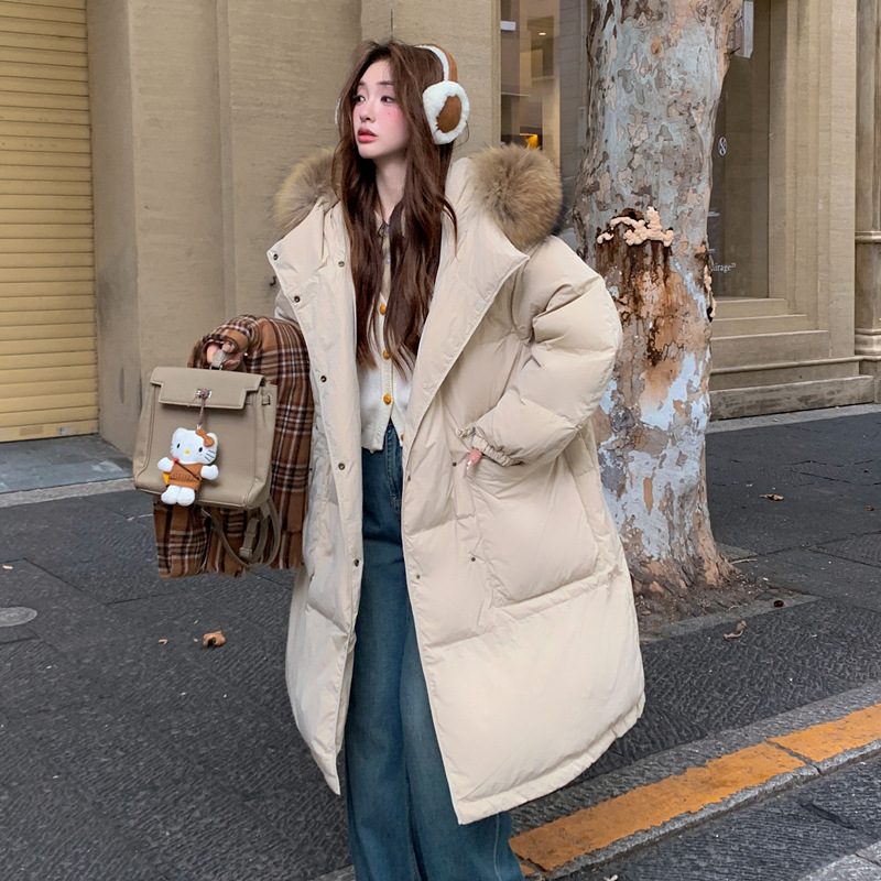 2026 Double-Breasted Extra-Large Size 150kg Hooded down Jacket with Large Fur Collar, Waist-Cinching and Slim Fit, 251 Real Raccoon