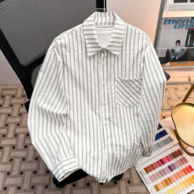 Seersucker Vertical Stripe Shirt with Texture, Loose Casual Silhouette, Long-Sleeve Shirt, Men's Jacket, Trendy 2026 New Model