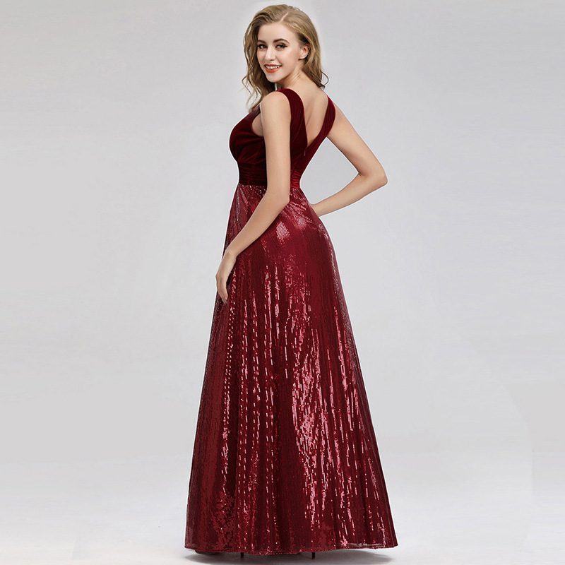 ​​Elegant V-Neck Sleeveless Floor-Length Sequin Velvet Evening Gown – Stunning Velvet Performance Dress With Flared Hem For Galas Special Occasions​​_voghion.com