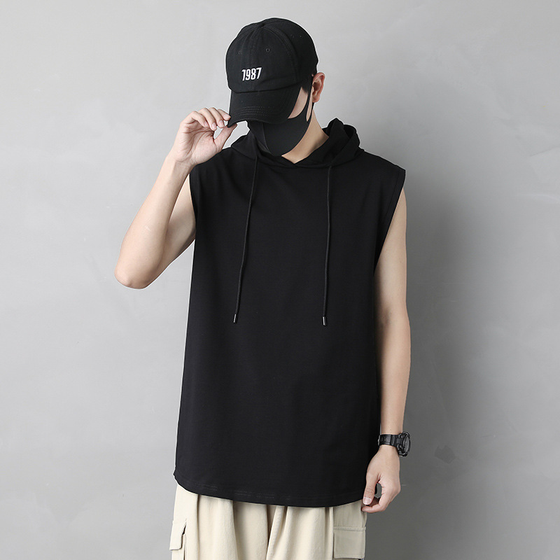 Sports Wide Shoulder Running Hooded Vest Men's Sweatshirt Black Pure Color Sleeveless T-Shirt Summer Trendy Outer Vest