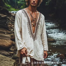 跨境欧美码男士度假民族休闲海滩深V领长袖T恤波西米亚3D数码印花