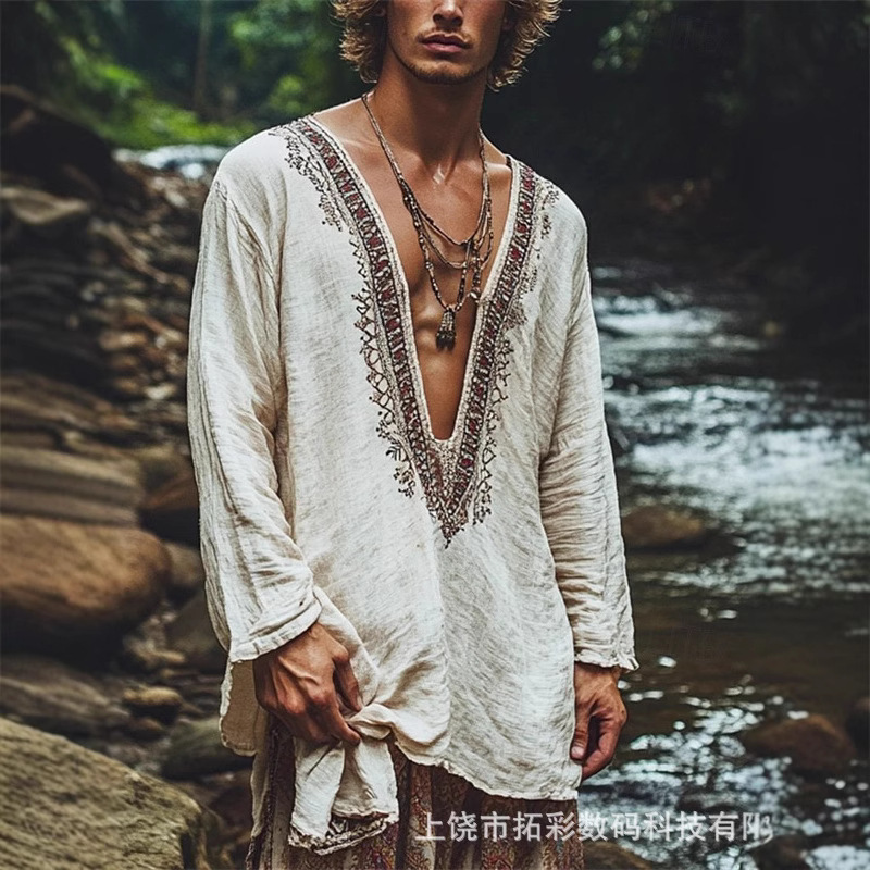 跨境欧美码男士度假民族休闲海滩深V领长袖T恤波西米亚3D数码印花