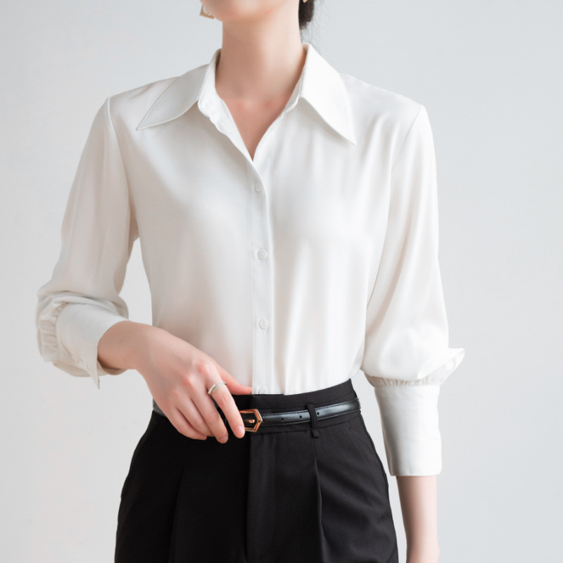 Simulated Silk Heavy Satin Long-Sleeved White Shirt for Women, Spring French Design, Niche High-End Texture, Commuter Shirt for Women