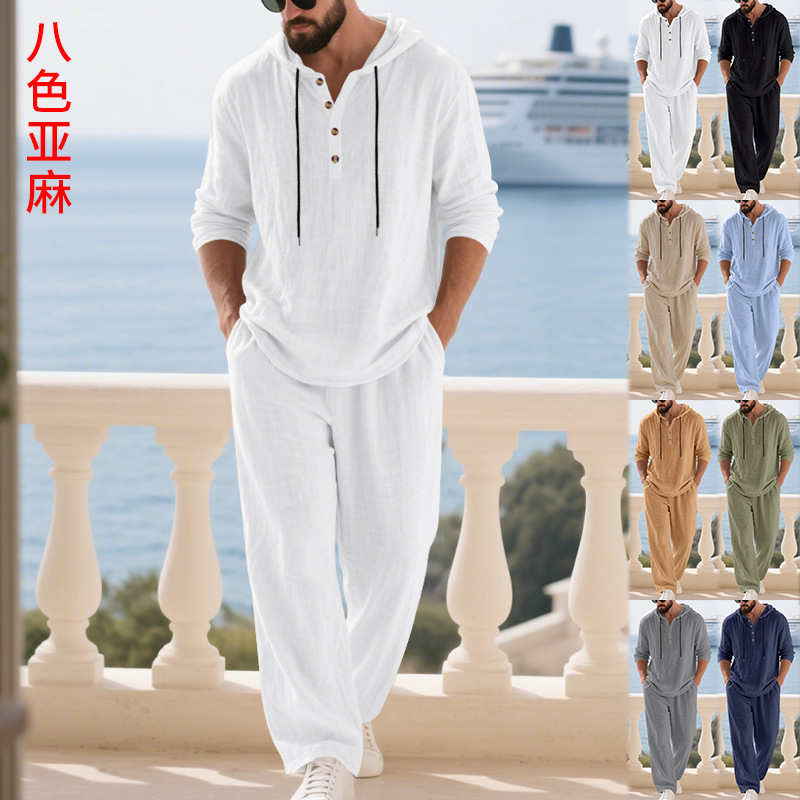 Cross-Border European and American Autumn Linen Men's Casual Suit Amazon Loose Hooded Henley Shirt Long-Sleeved Pants Suit