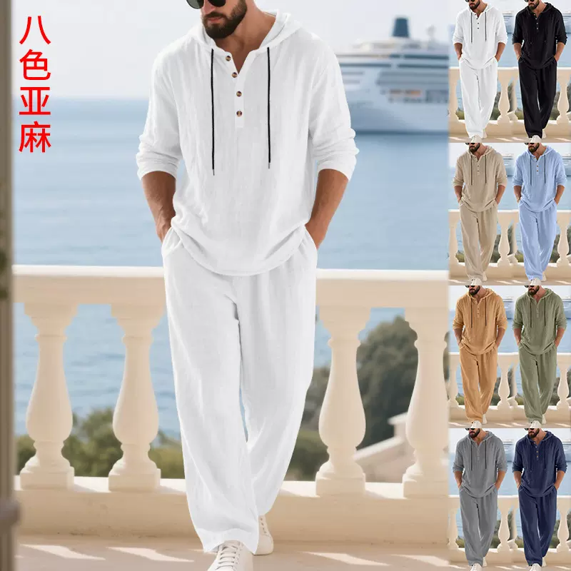 跨境欧美秋季亚麻男士休闲套装亚马逊宽松连帽亨利衫长袖长裤套装