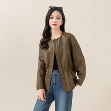 鑫阁复古棕高笈感PU皮衣女短款外套2025秋季新款圆领收腰气质显瘦