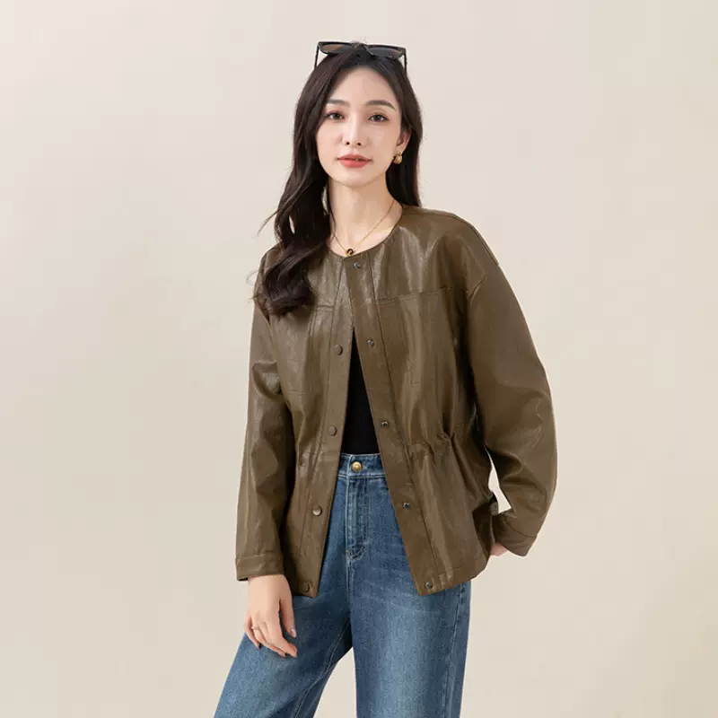 鑫阁复古棕高笈感PU皮衣女短款外套2025秋季新款圆领收腰气质显瘦