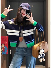 早秋韩系氛围感穿搭撞色条纹针织开衫女秋冬季慵懒风毛衣外套上衣