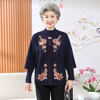 中老年人女奶奶春秋两件套60岁70婚礼服外套老年妈妈秋装羊毛开衫