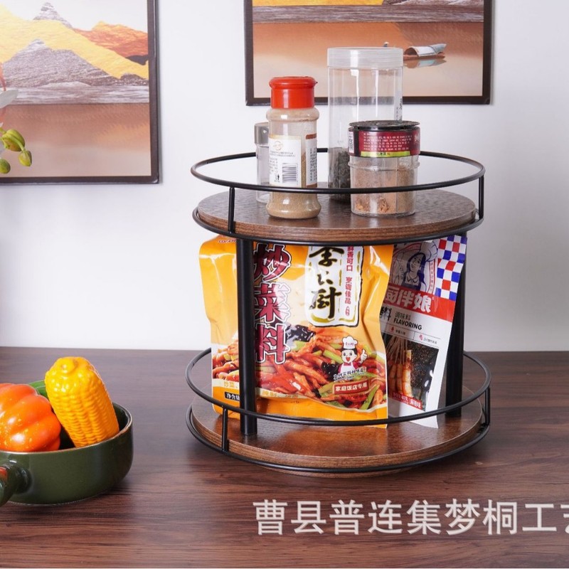 現物回転可能調味料棚鉄木結合二重棚木製円形果物セット収納棚|undefined