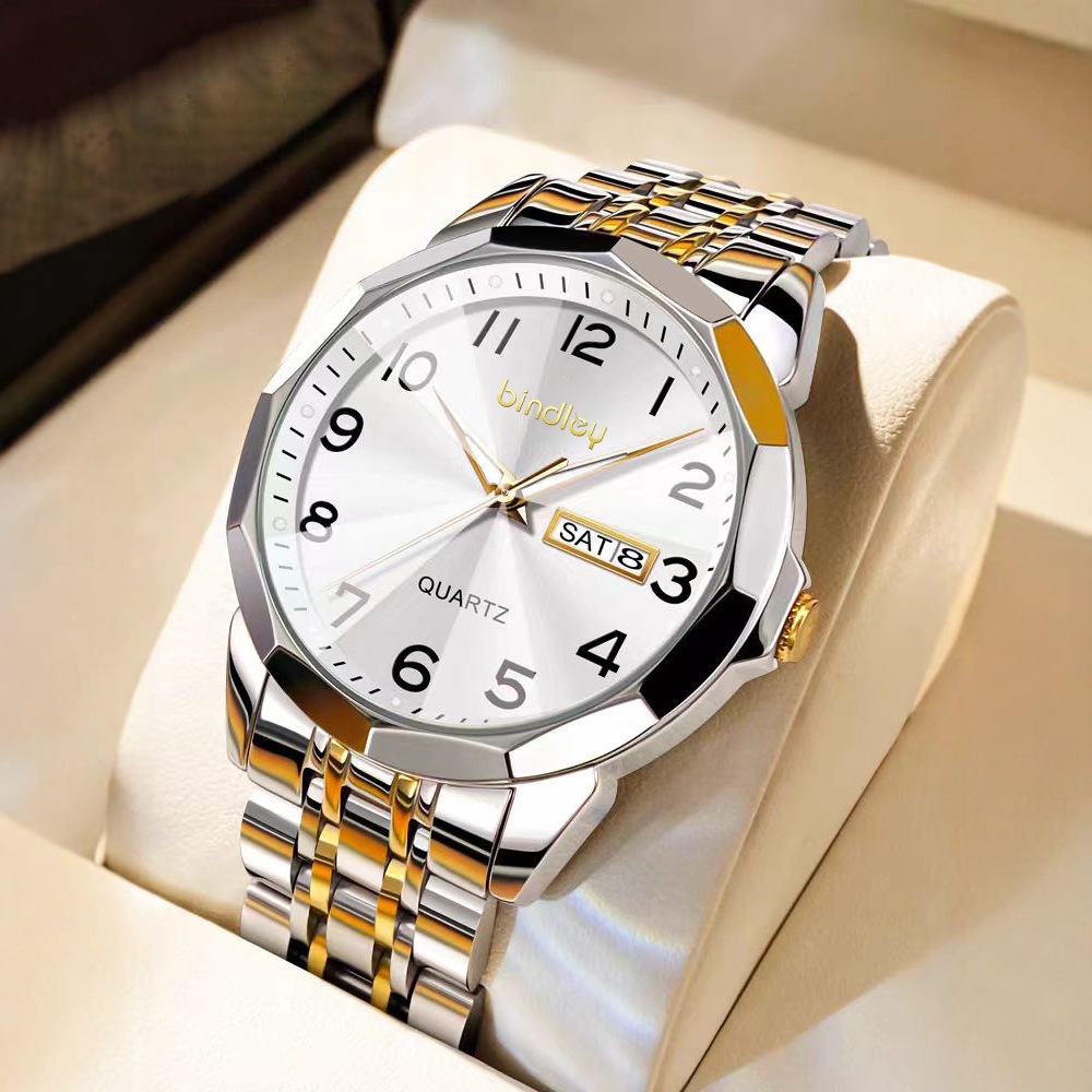 2026 New Temu Hot-Selling Men's Watch with Steel Band, Dual Calendar, Fully Automatic Quartz Watch