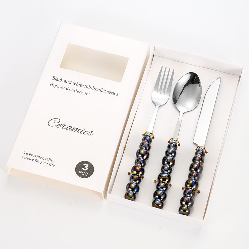 Caja de regalo de cuchillo, tenedor y cuchara de perlas negras