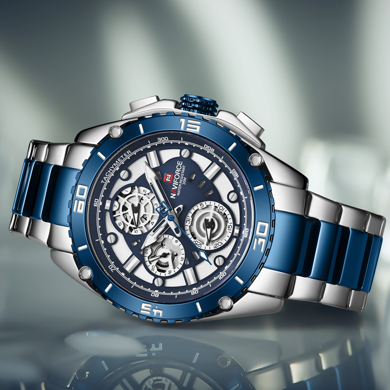 NAVIFORCE Lingxiang 9179 hombres reloj deportivo multifuncional de seis pines correa de acero impermeable reloj luminoso reloj