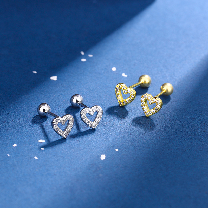 6g Weight Copper Ear Needle Material 1 Pair Sweet Shiny Heart Shape Inlay Copper Zircon Ear Studs