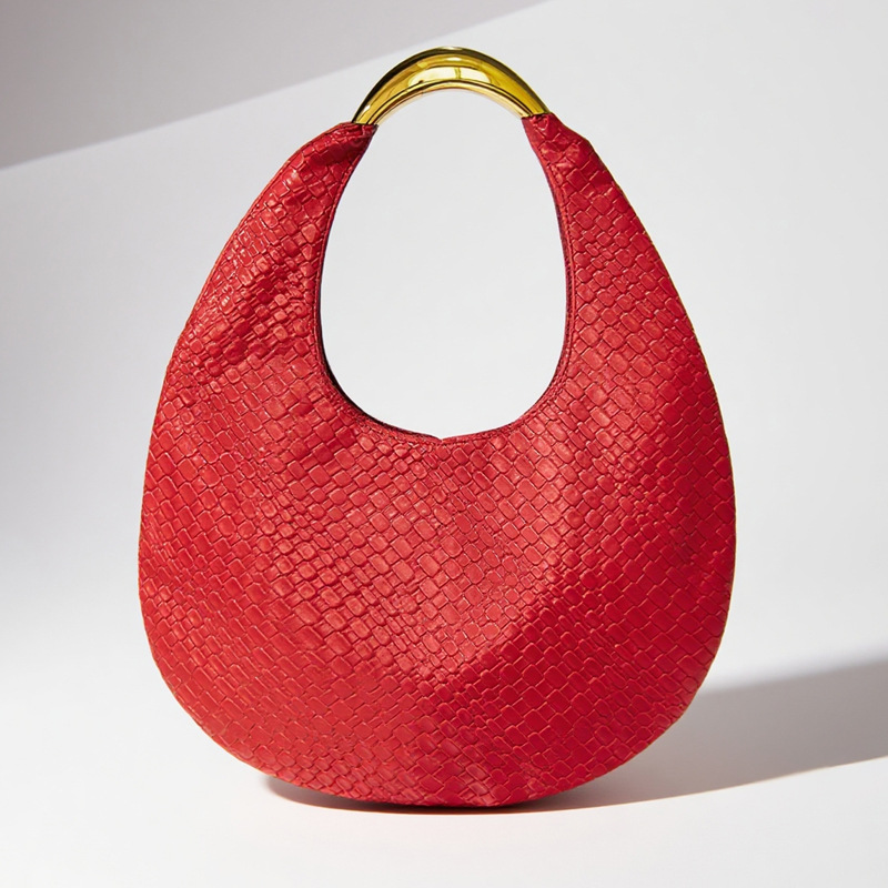 Red Woven PU Leather Shoulder Bag For Women Versatile Fashion High-End Wedding Evening Handbag Solid Color Zipper Closure_voghion.com