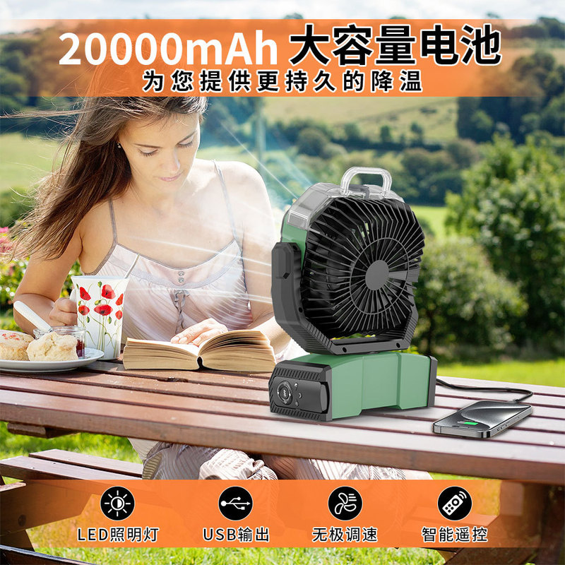 新品跨境带喷雾户外露营风扇可充电大容量超长续航便携式LED灯扇|undefined