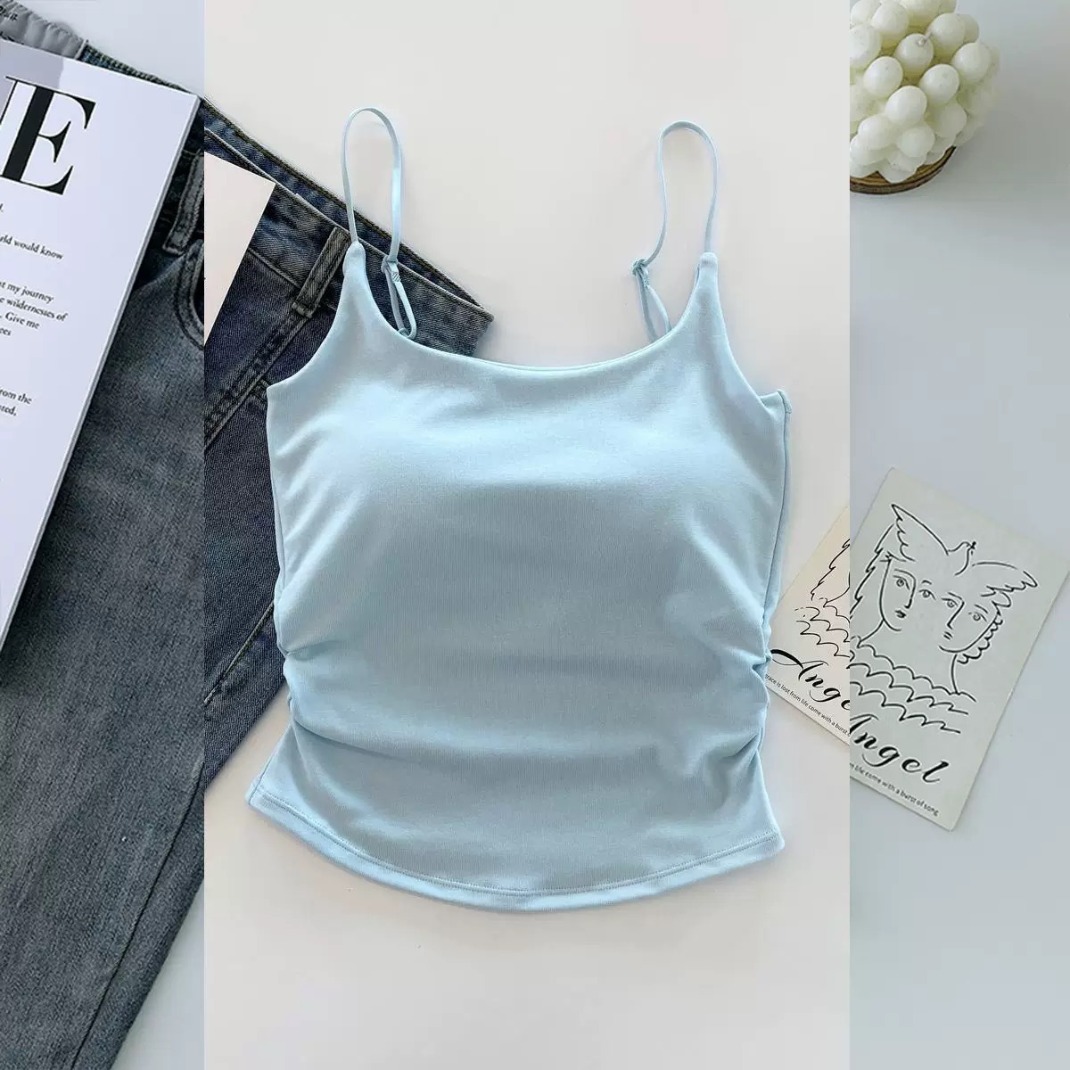 Nuevo diseño puro dulce y picante, camisola plisada, ropa exterior femenina, con almohadilla para el pecho, ropa de espalda delgada y hermosa, verano