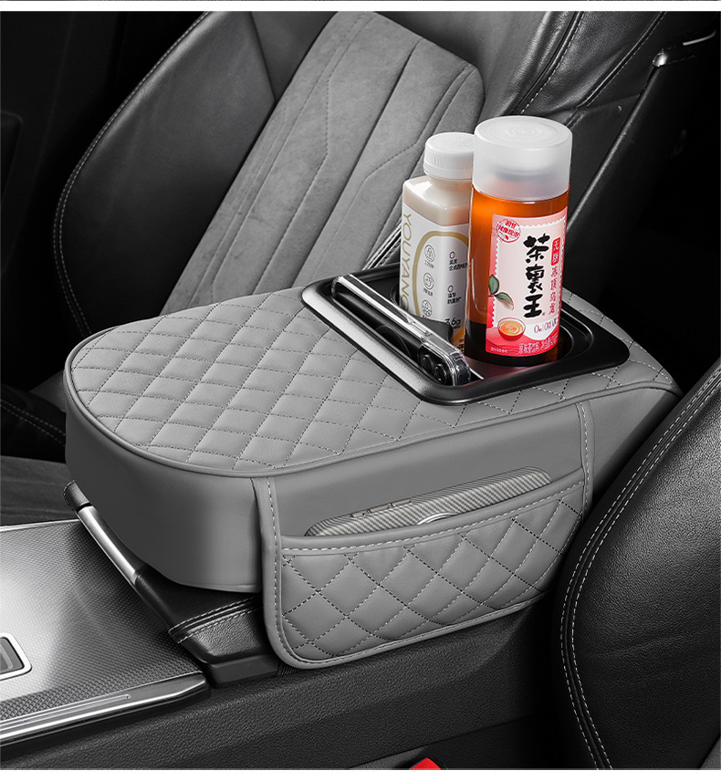 Car Armrest Box Heightening Pad, Armrest Cushion, Central Armrest Pillow, Water Cup Holder, Integrated Storage, Car-Mounted Leather Material